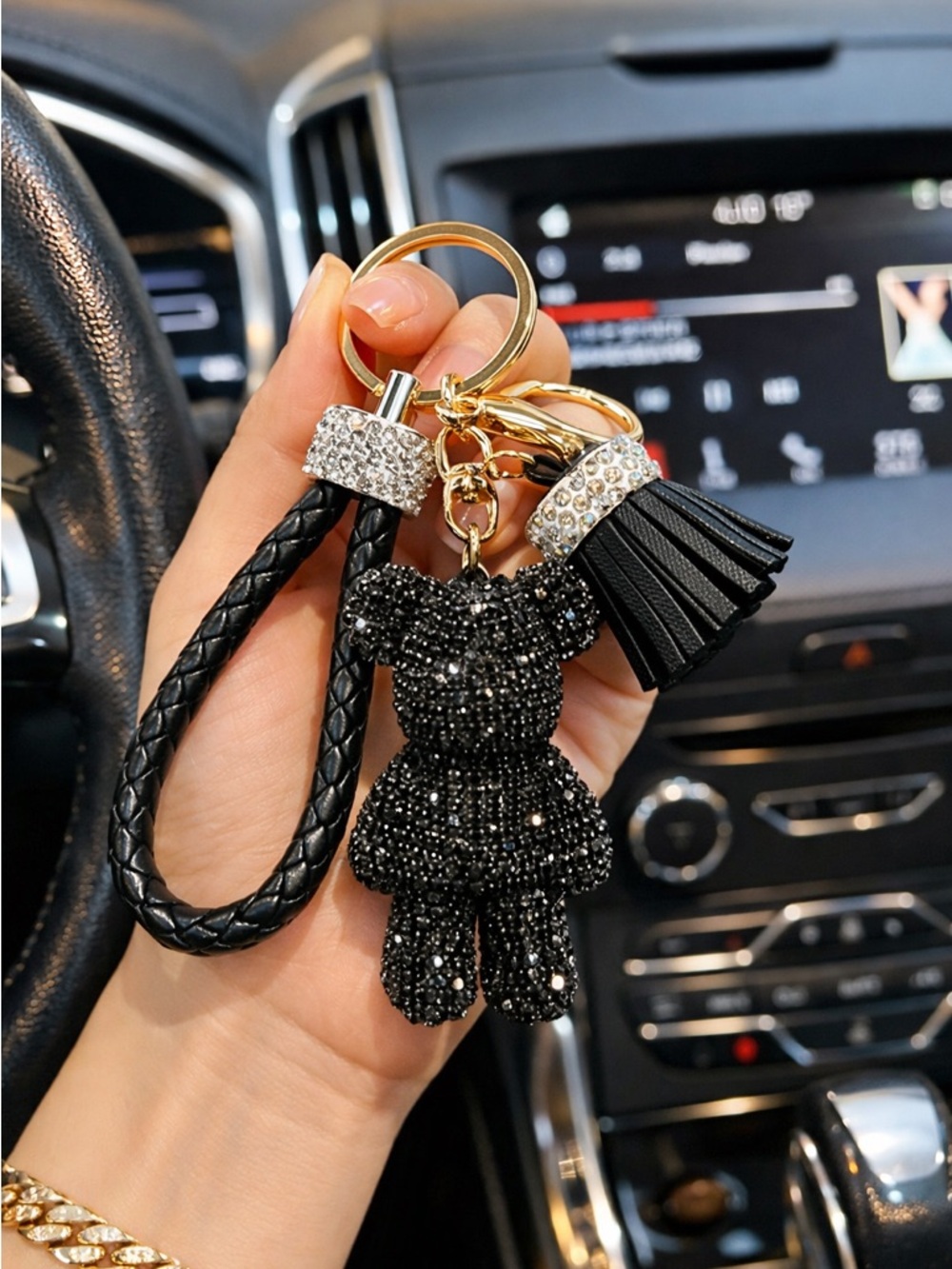Rhinestone Bear Keychain Black Crystal Braided Strap Tassel Bag Charm Gold Clip